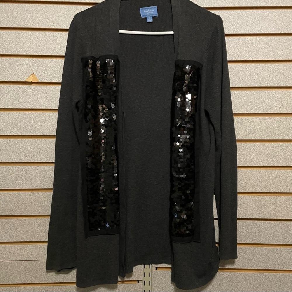 Simply Vera Vera Wang Gray Cardigan Medium Black Sequins Button Up
